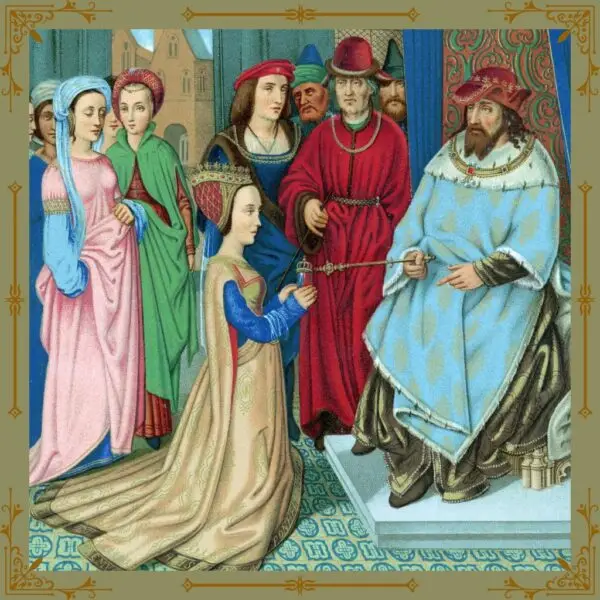 Middeleeuwse setting. Man op troon heeft een soort scepter in de rechterhand richting van knielende vrouw met een kroontje in haar twee handen richting de man op troon. Om de knielende vrouw en zittende man zijn er mensen die naar deze situatie. kijken. Alle mensen hebben een lichte huidskleur en hebben dure, rijke, konklijkheid uitstralende kleding aan.