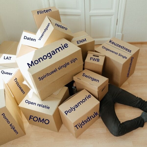 Een persoon met donkergrijze stretchbroek en lichtgrijze sokken ligt met diens bovenlichaam onder een stapel kartonnen dozen in een kamer met daarop verschillende woorden vermeld: Flirten, Vreemdgaan, Hetero, Daten, LAT, ENM, Keuzestress, Ongewenst Single, Samenwonen, FWB, Monogamie, Spiritueel single zijn, Swingen, Open relatie, Polyamorie, Porno kijken, Trouwen, Queer, Hetero, FOMO, Tijdsdruk.