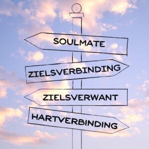 Lichtroze wolken tegen lila lucht. Tekening met zwarte lijnen van een paal met vier bordjes erop met de tekst: soulmate, zielsverbinding, zielsverwant en hartverbinding.